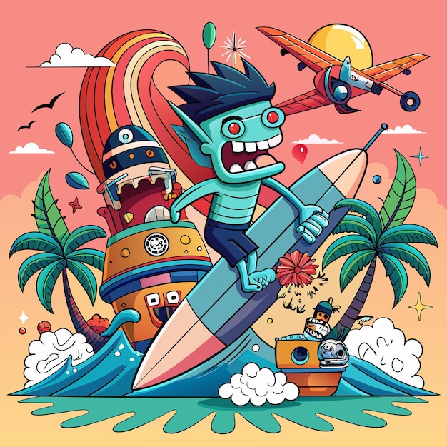 Adesivo de camiseta de uma ilustração humorística fundindo referências da cultura pop com motivos de surf
