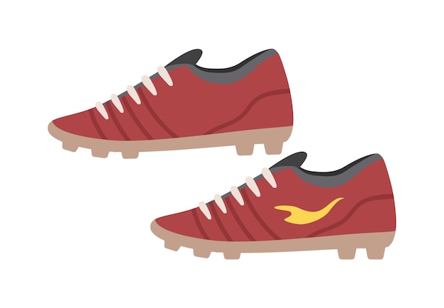 Vetor adesivo de elemento de futebol vermelho jogadores botas torneio e competições sapatos para estilo de vida ativo e esporte poster ou banner cartoon ilustração vetorial plana isolado em fundo branco