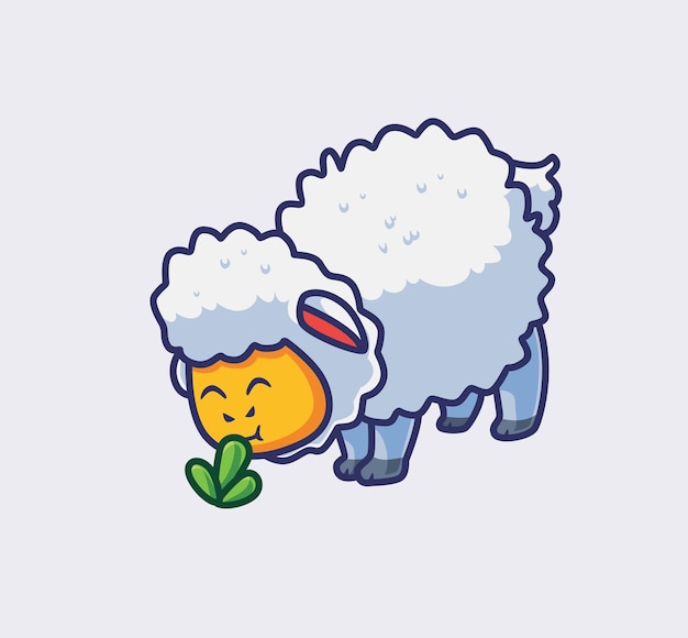 Adesivo de estilo simples de ovelhas bonitas comendo grama no chão isolado ilustração de natureza animal de desenho animado
