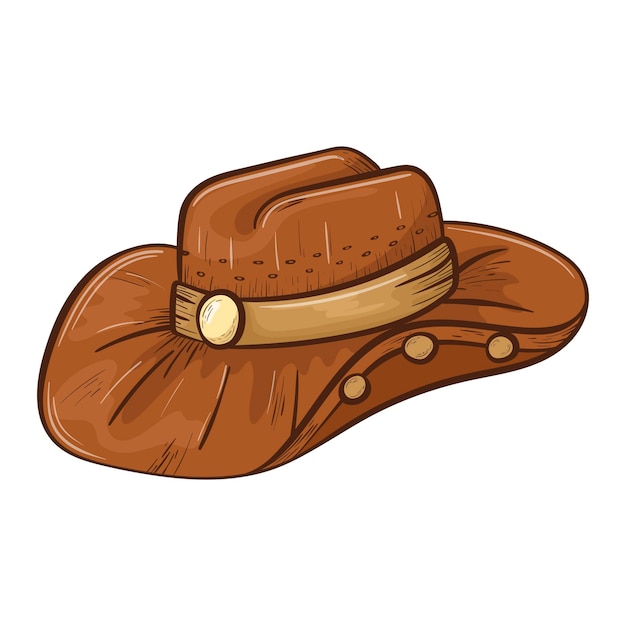 Vetor adesivo de estilo simples doodle isolado. chapéu de cowboy de couro marrom de aba larga com placa e emblemas. etiqueta do conceito de oeste selvagem.