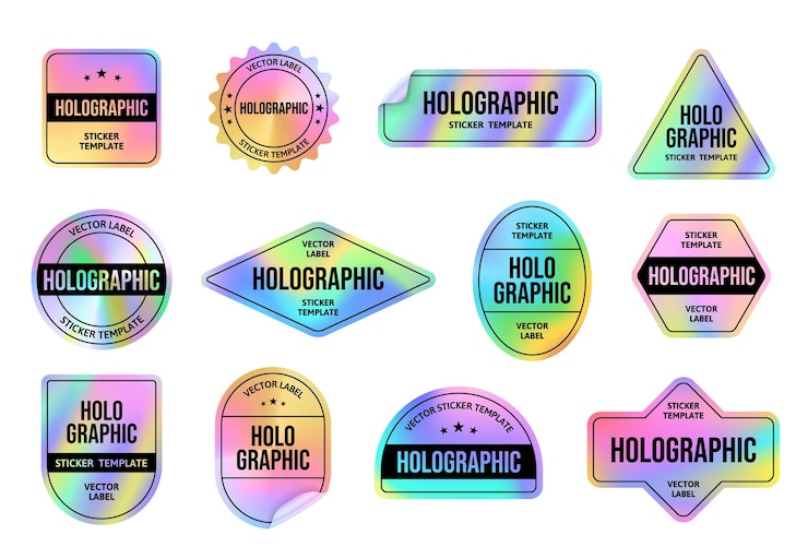 Vetor adesivo de folha holográfica modelos de tags de emblema holo com gradiente de cor iridescente retrô estilo vaporwave dos anos 90 conjunto de vetores