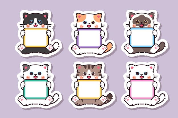 Vetor adesivo de gato kawaii fofo com etiqueta em branco, etiqueta de nome, coleção de conjunto de vetores de desenhos animados vetor de gato fofo