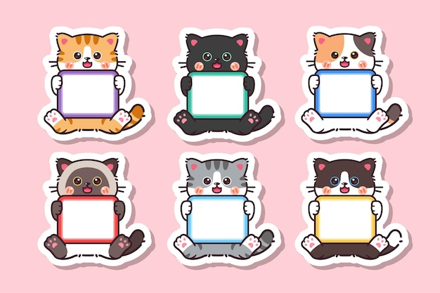 Adesivo de gato kawaii fofo com etiqueta em branco, etiqueta de nome,  coleção de conjunto de vetores de desenhos animados vetor de gato fofo