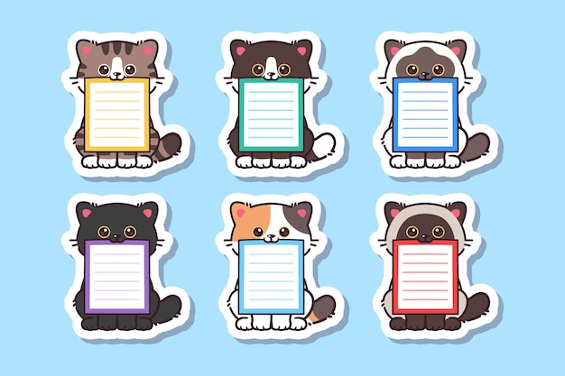 Adesivo de gato kawaii fofo com etiqueta em branco, etiqueta de nome, coleção de conjunto de vetores de desenhos animados vetor de gato fofo