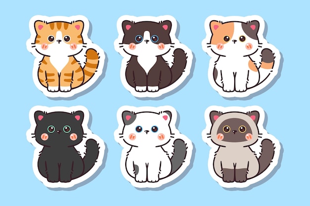 Adesivo de gato kawaii fofo com etiqueta em branco, etiqueta de nome, coleção de conjunto de vetores de desenhos animados vetor de gato fofo