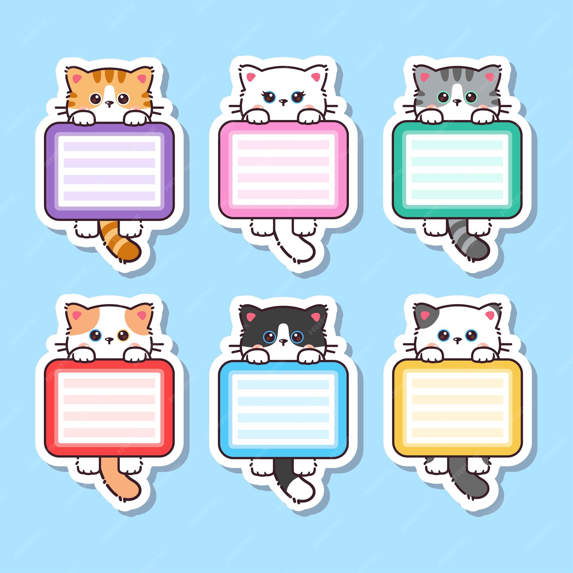 Vector a ilustração dos desenhos animados com gatos coloridos do kawaii  apropriados para o projeto ajustado da etiqueta do nome da criança, o nome  do rótulo e o conjunto de etiqueta imprimível