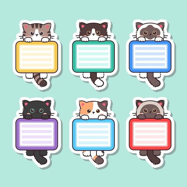 Adesivo de gato kawaii fofo com etiqueta em branco, etiqueta de nome,  coleção de conjunto de vetores de desenhos animados vetor de gato fofo