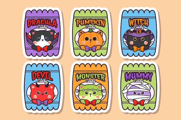 Adesivo de halloween de gato kawaii fofo com etiqueta em branco, etiqueta de nome, desenho animado, conjunto de vetores de estilo desenhado à mão