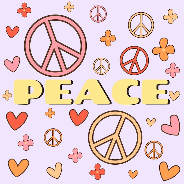 Adesivo de ícone no estilo hippie com texto paz e flores corações sinais de paz sobre fundo azul em estilo retrô x9