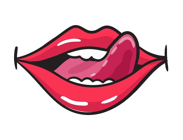 Adesivo de lábios vermelhos femininos em quadrinhos. boca de mulher com batom em estilo vintage em quadrinhos. rop art ilustração retro.