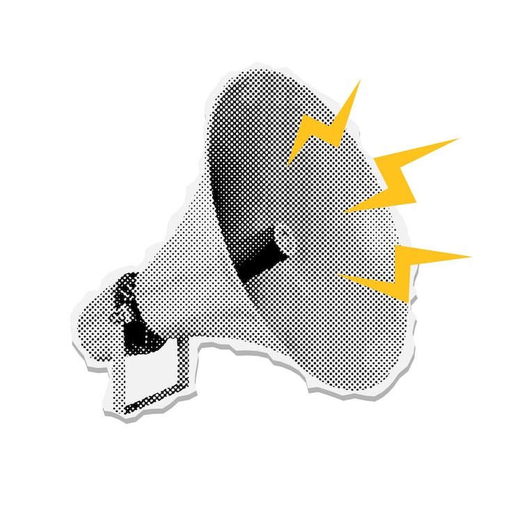 Vetor adesivo de papel rasgado de alto-falante para megafone retrô de colagem com relâmpagos amarelos