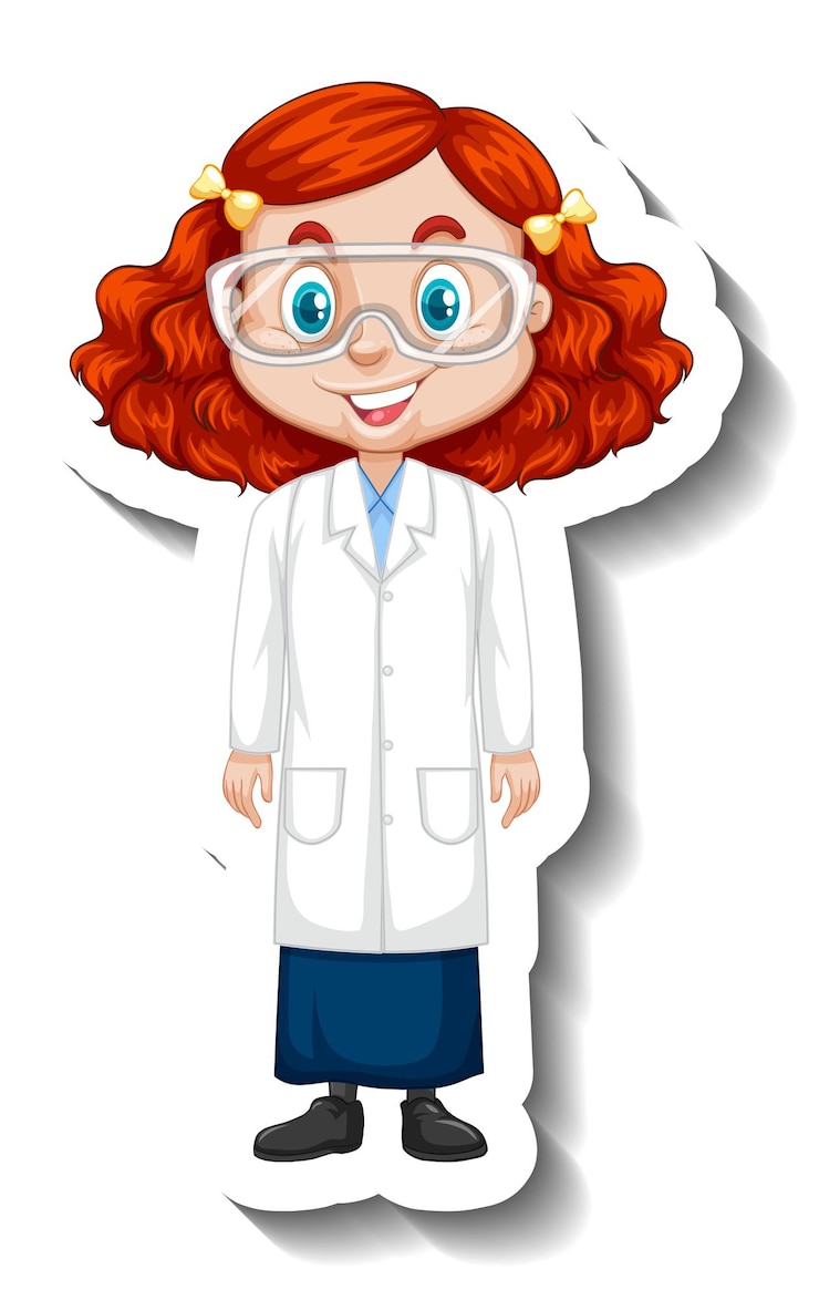 Vetor adesivo de personagem de desenho animado com uma garota em um vestido de ciências