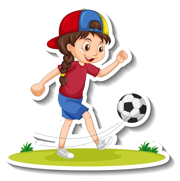 Vetor adesivo de personagem de desenho animado com uma garota jogando futebol