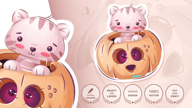 Adesivo personagem de desenho animado adorável gatinho ideia animal bonita para impressão camiseta pôster e envelope infantil cartão postal bonito estilo desenhado à mão vetor de Halloween eps 10