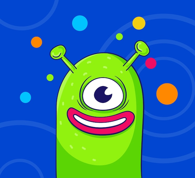 Adesivo retrô desenho animado alienígena verde com um olho espiando sorrindo com a boca aberta no espaço azul