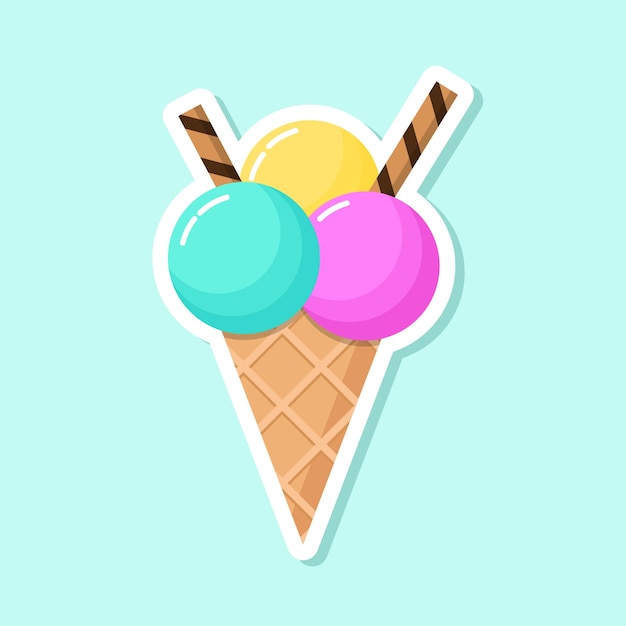 Adesivo vetorial de sorvete sobremesa fria colorida em estilo cartoon comida doce de verão no cone de waffle