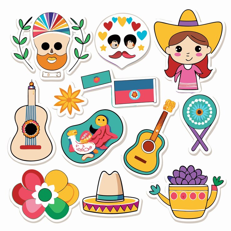 Vetor adesivos coloridos com ícones mexicanos e sul-americanos como guitarras chapéus e flores
