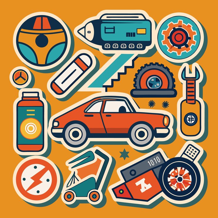 Vetor adesivos coloridos com rodas de chave de carro e outros ícones