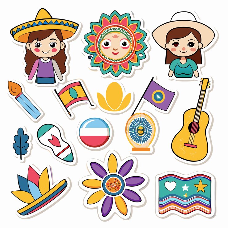 Vetor adesivos coloridos de desenhos animados de vários objetos, incluindo pessoas, flores, bandeiras, uma guitarra, uma vela, uma folha, uma bola e um troféu