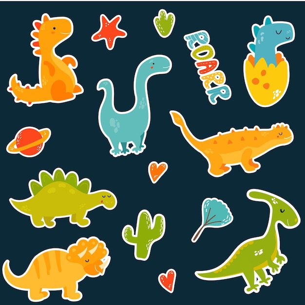 Vetor adesivos com dinossauros fofos de desenho animado e elementos trex stegosaurus diplodocus t