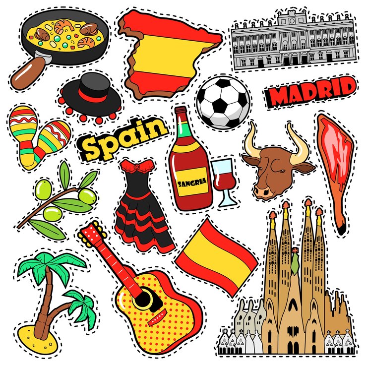 Vetor adesivos de álbum de recortes de viagens de espanha, adesivos, emblemas para impressões com jamon, sangria e elementos espanhóis. doodle de estilo cômico