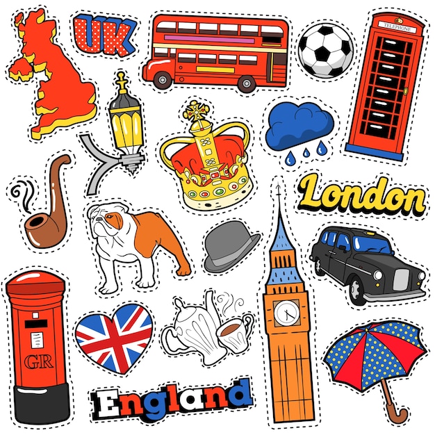 Vetor adesivos de álbum de recortes de viagens de inglaterra, adesivos, emblemas para impressões com táxi de londres, coroa real e elementos britânicos. doodle de estilo cômico