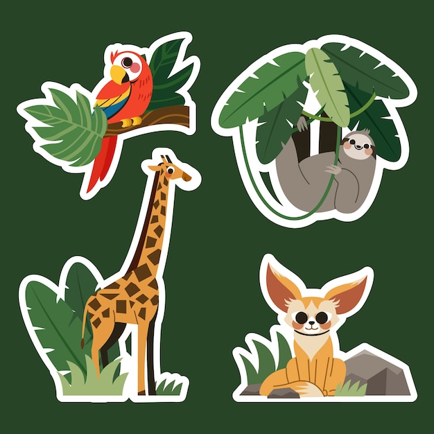 adesivos de animais da selva bonitos: papagaio, preguiça, girafa e raposa fennec