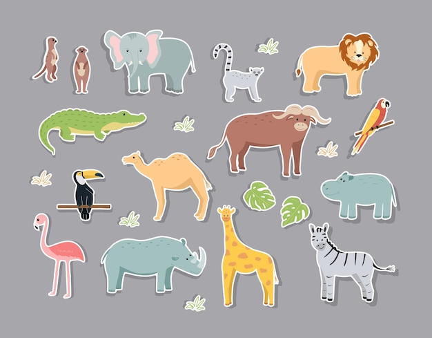 Adesivos de animais de desenho animado da África vector a ilustração de animais engraçados fofos