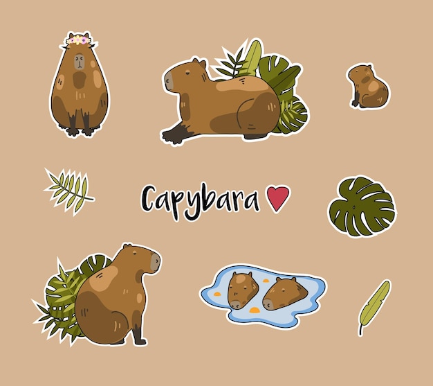 Baixar Vetor De Conjunto De Adesivos De Capivara Em Aquarela