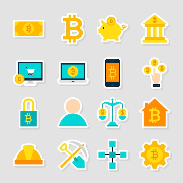 Adesivos de criptomoeda Bitcoin. Estilo simples de ilustração vetorial. Coleção de símbolos financeiros.