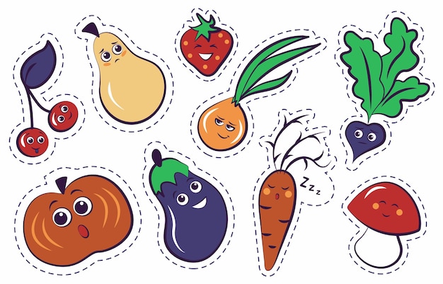 Adesivos de desenho animado com legumes e frutas