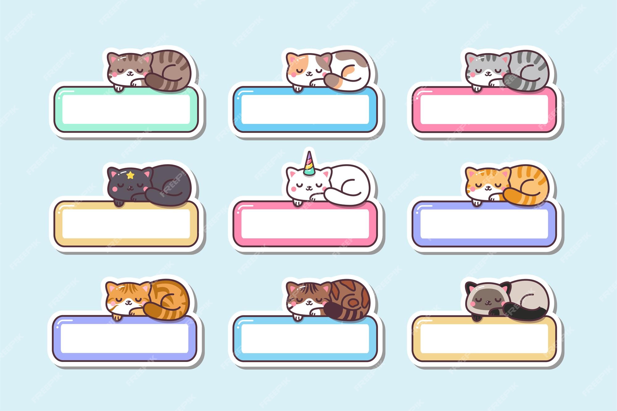 Vector a ilustração dos desenhos animados com gatos coloridos do kawaii  apropriados para o projeto ajustado da etiqueta do nome da criança, o nome  do rótulo e o conjunto de etiqueta imprimível