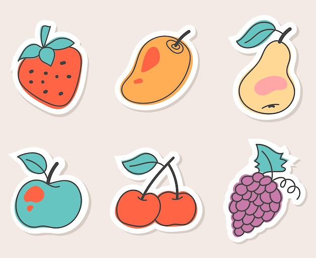 Adesivos de frutas estilo doodle cartoon isolado conjunto de ilustração de conceito de elemento de design de coleção