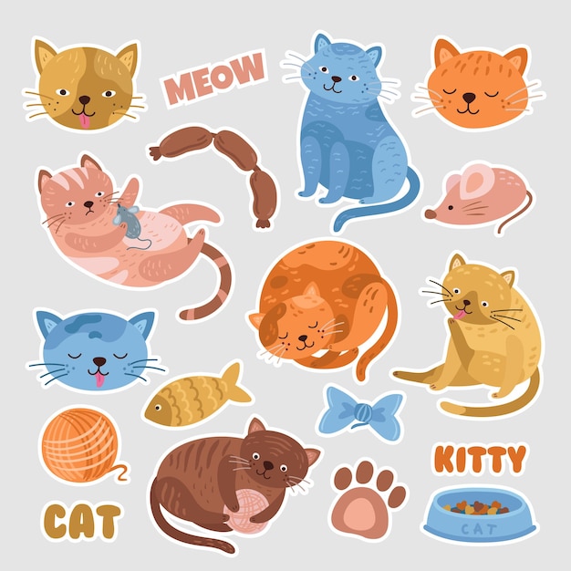 Adesivos de gato distintivo de gatinho de gatos engraçados ou remendo com elementos fofos etiqueta de animais de estimação de personagens de desenhos animados para crianças pet shop ou conjunto de vetores exatos de moda ilustração gatinho engraçado adesivo gato dos desenhos animados