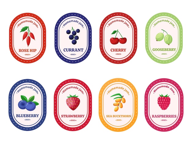 adesivos de geleia de bagas produtos de colheita design de rótulos de tipografia adesivo decorativo com framboesa cereja morango modelo vetorial atual