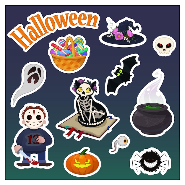 Adesivos de halloween em estilo de desenho animado em fundo escuro monstros engraçados dos desenhos animados ilustração em vetor