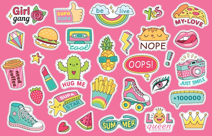 Vetor adesivos de menina fashion com arco-íris e hambúrguer, tênis e óculos, batom e melancia