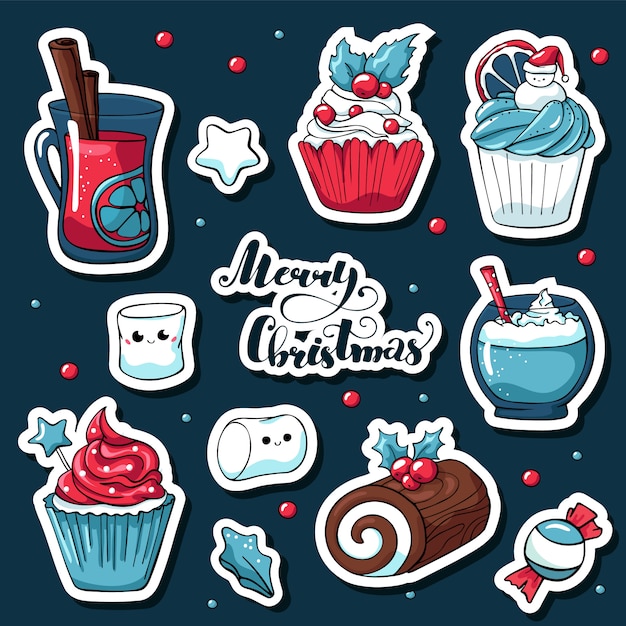 Adesivos de natal fofo doodle em estilo cartoon com letras