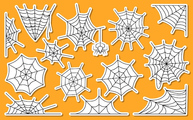 Vetor adesivos de teia de aranha bonitos e etiqueta com borda branca horror decoração de halloween formas de teia de aranha