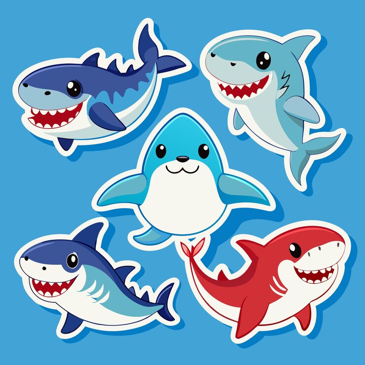 Vetor adesivos de tubarão de desenho animado bonitos com diferentes cores e poses em fundo azul