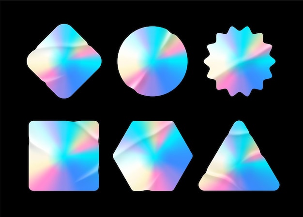 Vetor adesivos holográficos. rótulos de holograma de diferentes formas. formas de adesivos para maquetes de design. adesivos texturizados holográficos para pré-visualização de etiquetas e rótulos. ilustração vetorial