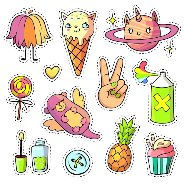 Adesivos legais definidos no estilo de quadrinhos pop art Vector rabiscos loucos com gato de sorvete de planeta unicórnio etc