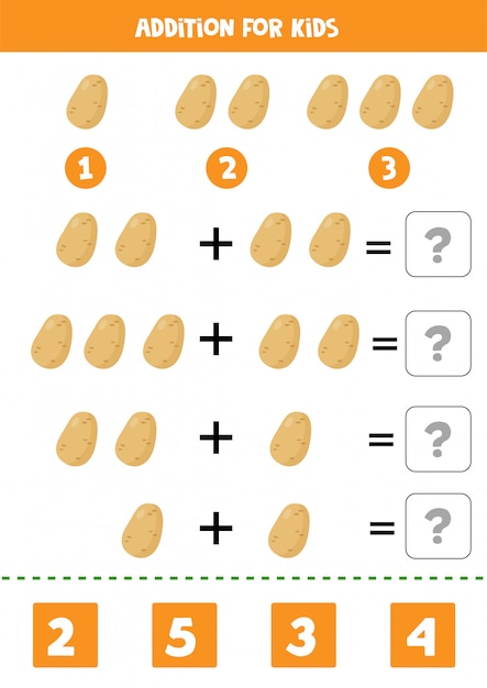 Adição com batata. resolva a equação. jogo de matemática para crianças.