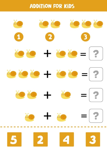 Adição com caracol bonito. Jogo educativo de matemática para crianças.