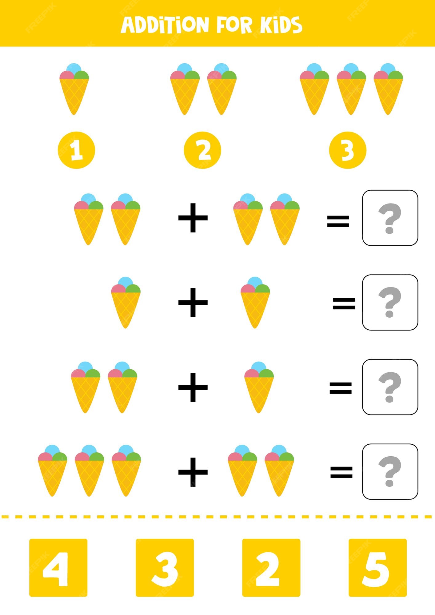 Adição com sorvete dos desenhos animados. jogo de matemática educacional  para crianças. resolva as equações. educação em casa. página de atividade  imprimível.