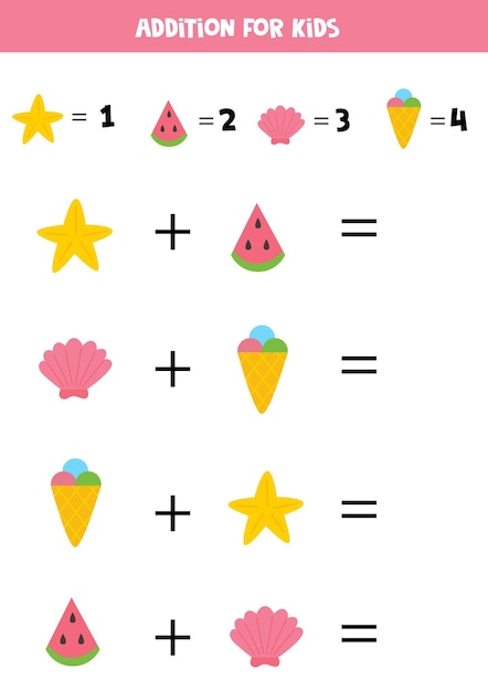 Adição com diferentes elementos de verão. jogo educativo de matemática para crianças.