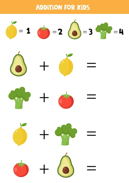 Adição com diversas frutas e vegetais. jogo educativo de matemática para crianças.