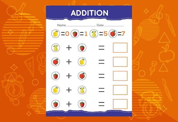 Vetor adição com frutas diferentes para crianças uma planilha educacional para crianças design vetorial