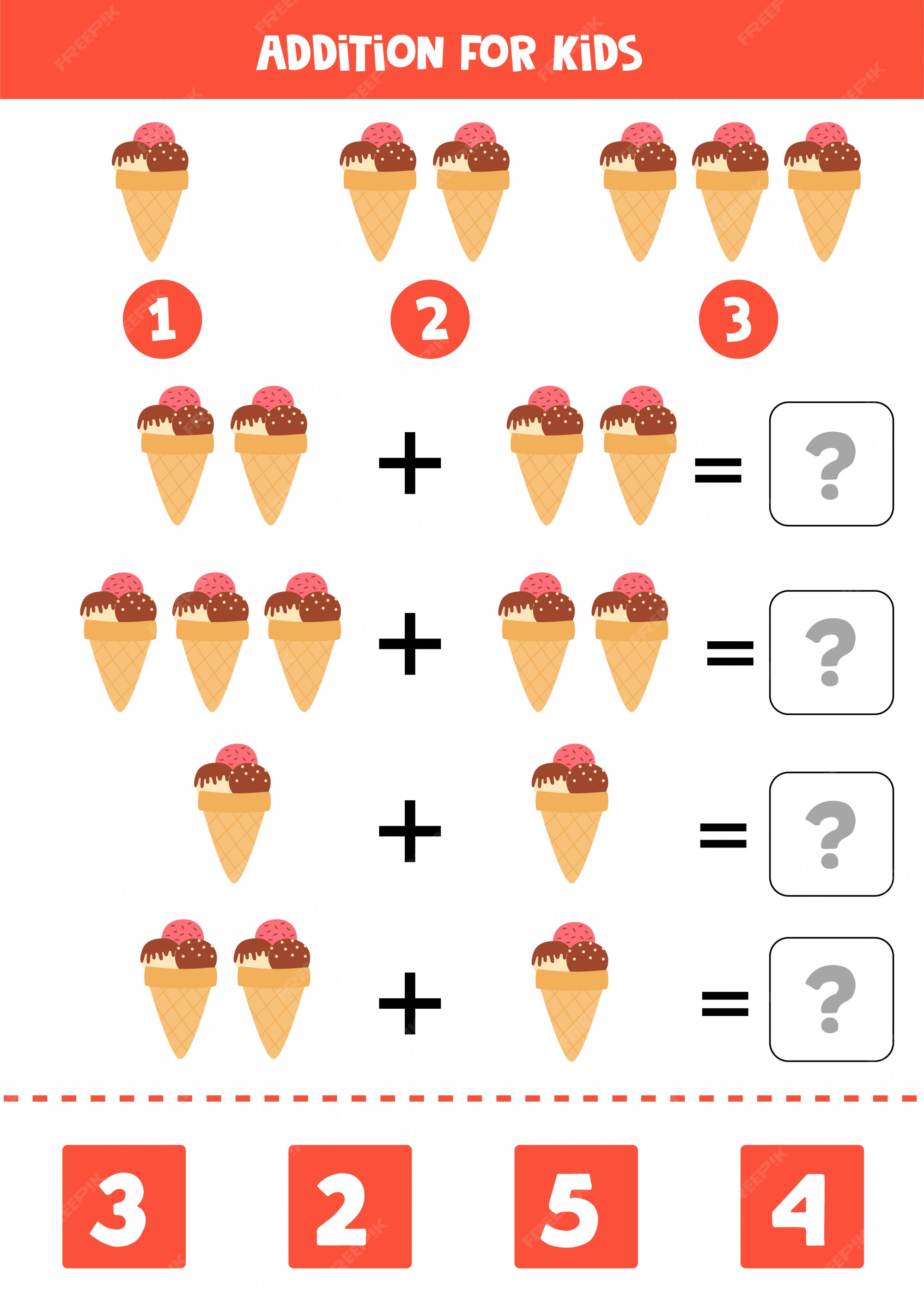 Adição com sorvete dos desenhos animados. jogo de matemática educacional  para crianças. resolva as equações. educação em casa. página de atividade  imprimível.