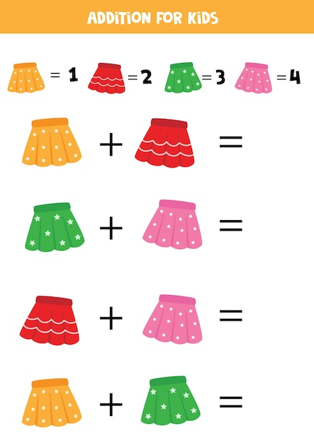 Vetor adição para crianças com diferentes saias coloridas bonitas